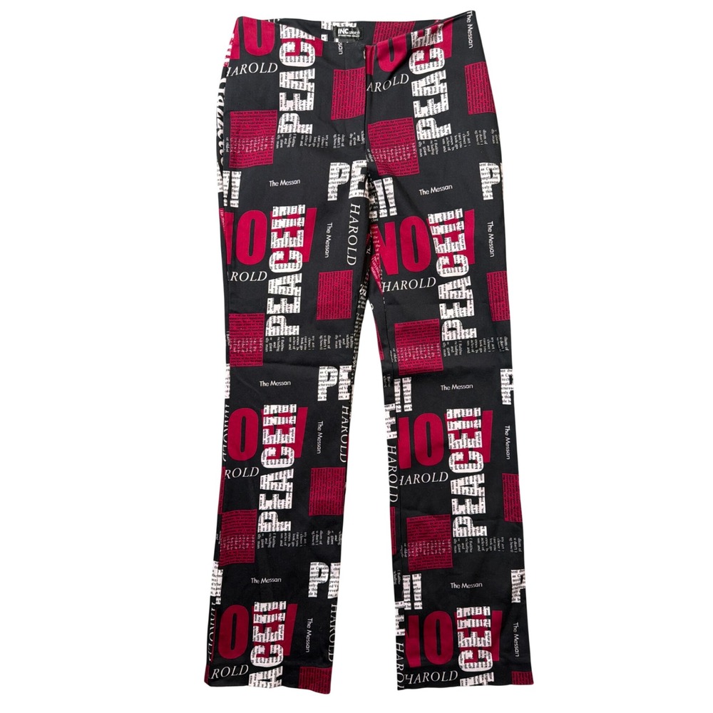 INC Pants Womens 6 Stretch Black Red Newspaper Print Graphic Slim Trousers